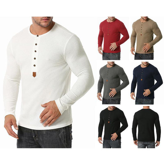 Men's Long Sleeves Waffle Weave Henry Stand-Up Collar T-shirt