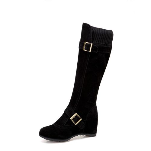 Women Buckle Wedge Heels Knee High Boots