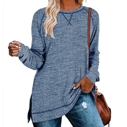 Womens Solid Color Round Neck Pullover Long Sleeved Top