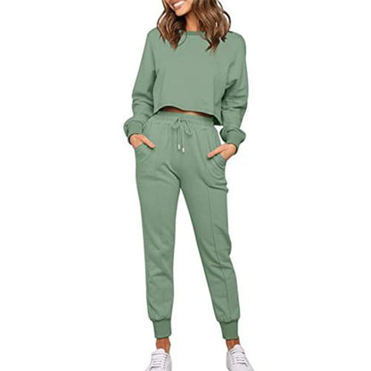 Womens Solid Color Long Sleeve Tops Pants Two Pieces Sports Suit