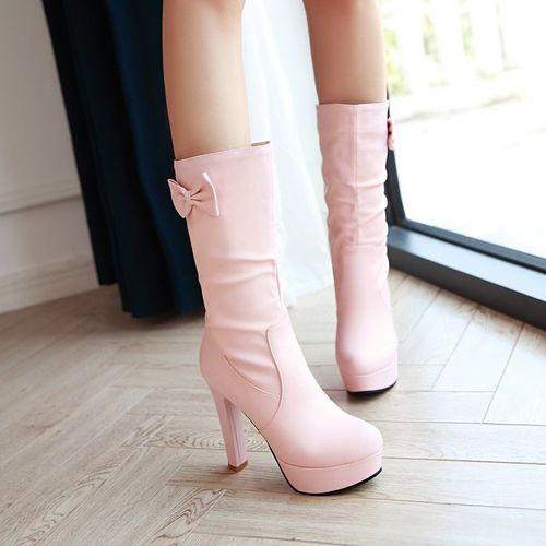 Women Bow Tie High Heels Platform Mid Calf Boots