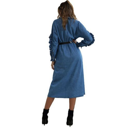 Fashion Winter Fall Flounce Long Sleeves Dip Hem Slit Long Denim Women's Dresses