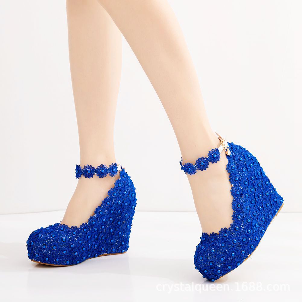 Women Round Toe Lace Wedding Ankle Strap Wedge Heel Platform Pumps