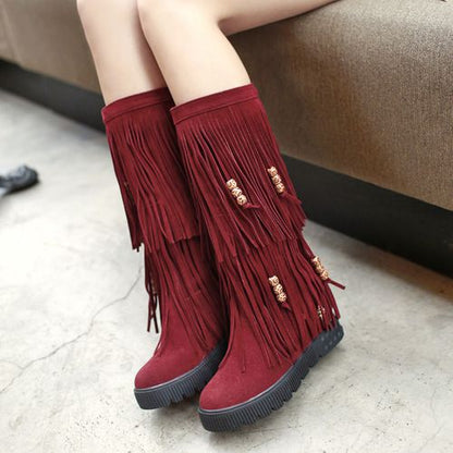 Women Tassel Platform Wedges Mid Calf Boots