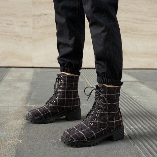 Women Lace Up Plaid Low Heels Short Boots