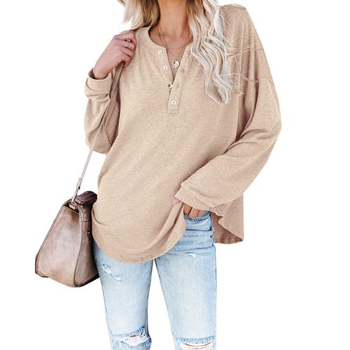 Women Solid Color Half-open Buckle V-neck Long Sleeved T-shirt