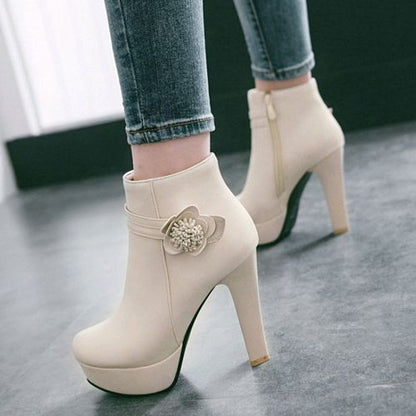 Women's Flower High Heels Platform Short Boots