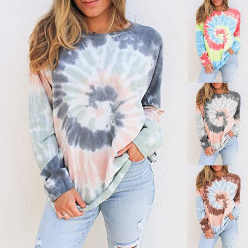 Womens Gradient Long Sleeve Tie Dyed T Shirt Top Round Neck Sweater