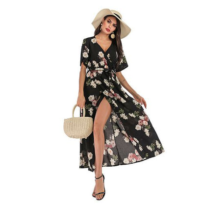 Chiffon Long Skirt Black Causual Print Beam Waist Large Swing Skirt Women Dresses