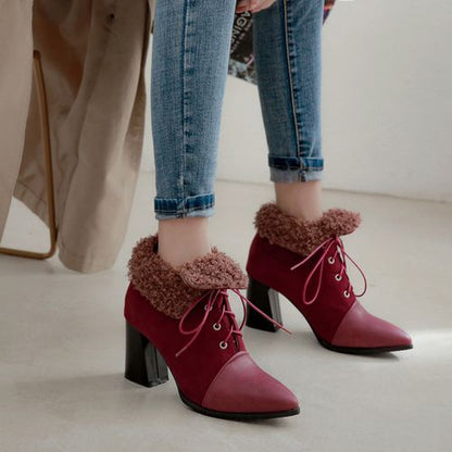 Women Pointed Toe Lace Up High Heels Short Boots