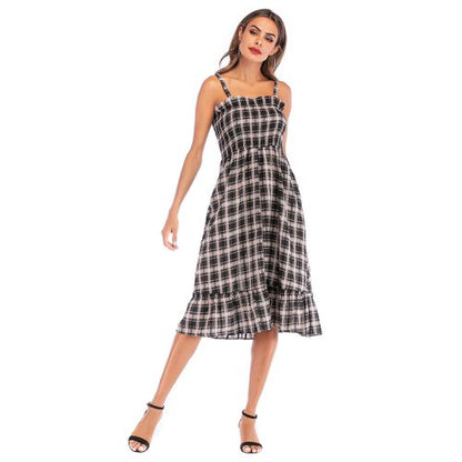 Causual Plaid High Waist Lotus Leaf Side Sling Skirt Women Dresses