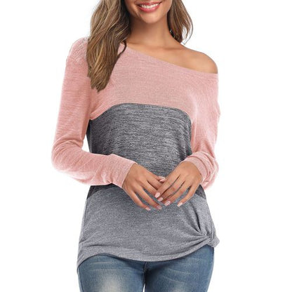 Womens Long Sleeve One Line Neck Contrast Color T-shirt