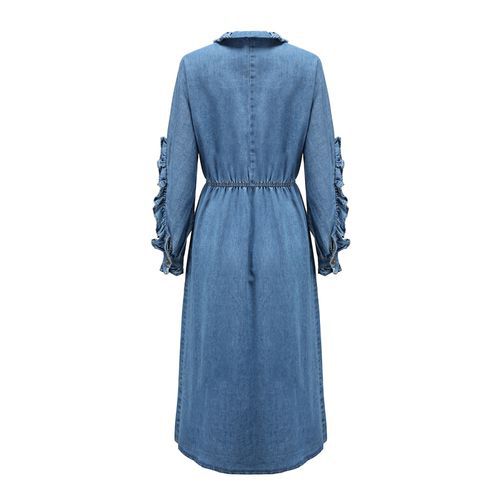 Fashion Winter Fall Flounce Long Sleeves Dip Hem Slit Long Denim Women's Dresses