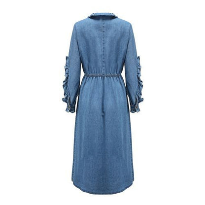 Fashion Winter Fall Flounce Long Sleeves Dip Hem Slit Long Denim Women's Dresses