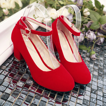 Round Toe Ankle Strap Women Pumps Chunky Heel Pumps 1959