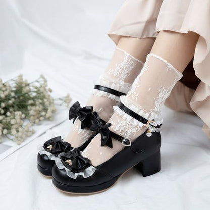 Women Lolita Chunky Heel Pumps Mary Janes Shoes with Bowtie