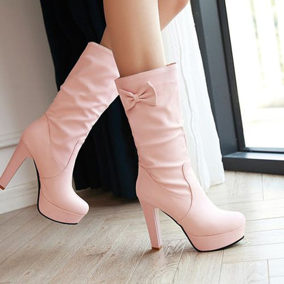 Women Bow Tie High Heels Platform Mid Calf Boots