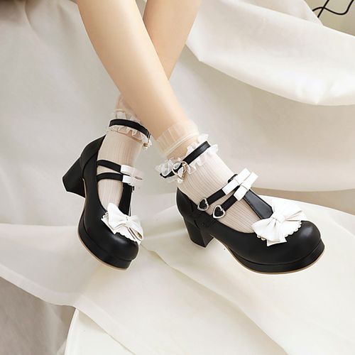 Women Chunky Heel Pumps T Straps Shoes with Bowtie