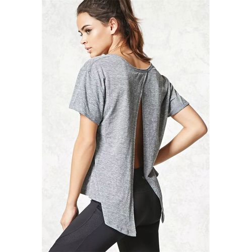 Grey Back Large Fork Top Round Collar Short-sleeved Solid Color Women T Shirts