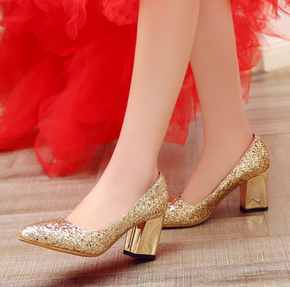 Pointed Toe Women Chunky Heel Pumps High Heels Wedding Shoes Party