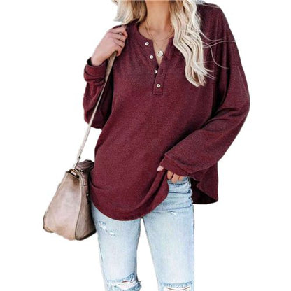 Women Solid Color Half-open Buckle V-neck Long Sleeved T-shirt