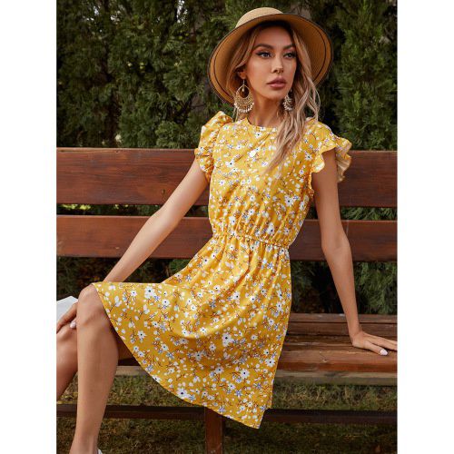 Womens Ruffle Flower Short Sleeved Dress