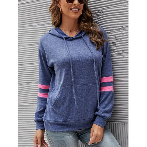 Womens Contrasting Striped Hoodie Kangaroo Pocket Sweater