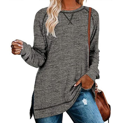 Womens Solid Color Round Neck Pullover Long Sleeved Top