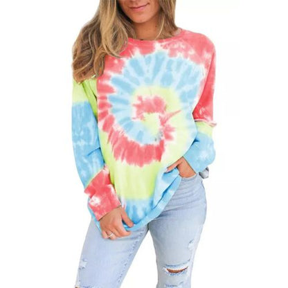 Womens Gradient Long Sleeve Tie Dyed T Shirt Top Round Neck Sweater