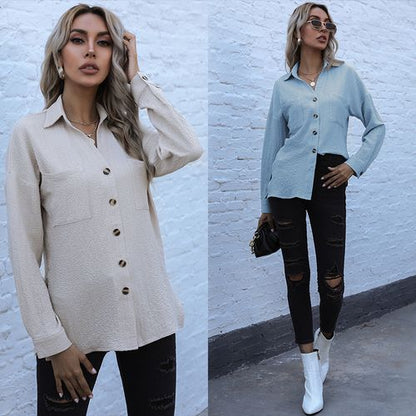 Women Solid Color Shirt Single-breasted Long Sleeved Blouse