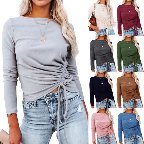 Womens Drawstring Solid Color Long Sleeve Sweater