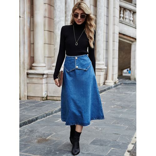 Ins Fashion Split Joint Pearl Button Denim Long Women Skirts