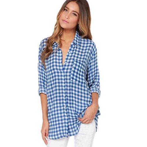 Blue Plaid Spring Slim Straight Casual Women Blouses