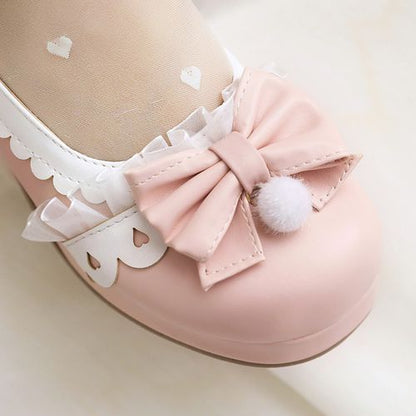 Women Lace Buckle Chunky Heel Pumps Mary Janes Shoes with Bowtie