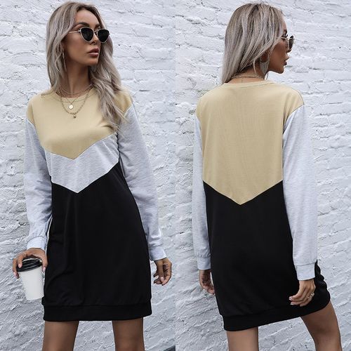 Contrast Sweater Spring Summer Skinny Crew Neck A-line Dress Women Dresses