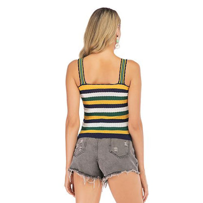 Vigorous Color Matching Striped Suspender Sweater Sleeveless Short Vest Top