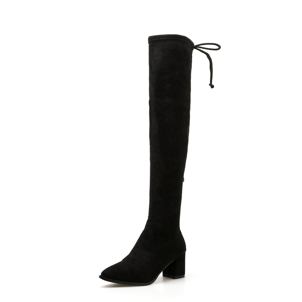 Flock High Heels Thigh High Boots Chunky Heel Pumps 1138