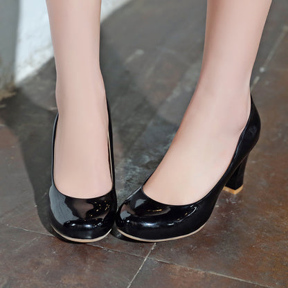 Patent Leather Round Toe Women Chunky Heel Pumps 7491