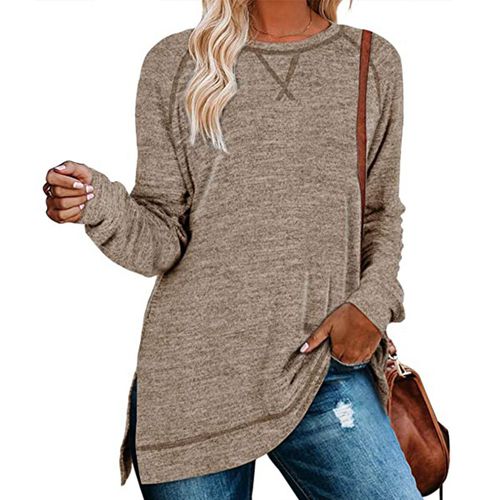 Womens Solid Color Round Neck Pullover Long Sleeved Top