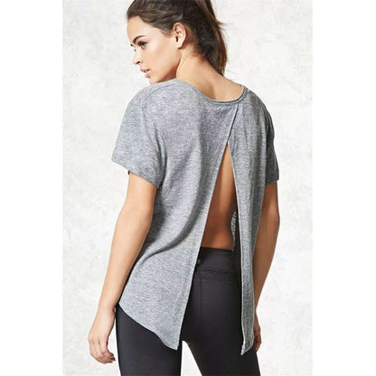 Grey Back Large Fork Top Round Collar Short-sleeved Solid Color Women T Shirts