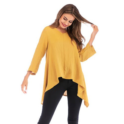 V-neck Irregular Half Sleeve Loose Casual Solid Color Top Women T Shirts