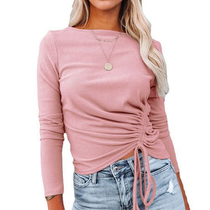 Womens Drawstring Solid Color Long Sleeve Sweater