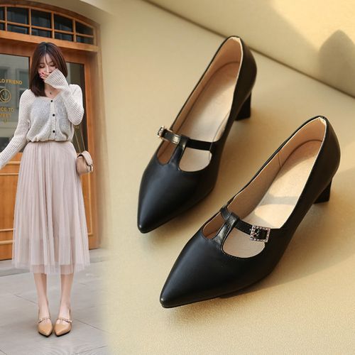 Women Pointed Toe Buckle High Heel Chunky Pumps