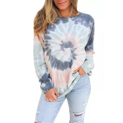 Womens Gradient Long Sleeve Tie Dyed T Shirt Top Round Neck Sweater