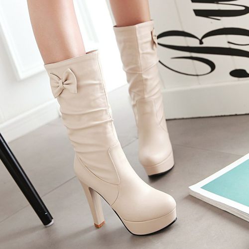 Women Bow Tie High Heels Platform Mid Calf Boots