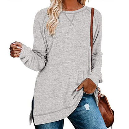 Womens Solid Color Round Neck Pullover Long Sleeved Top