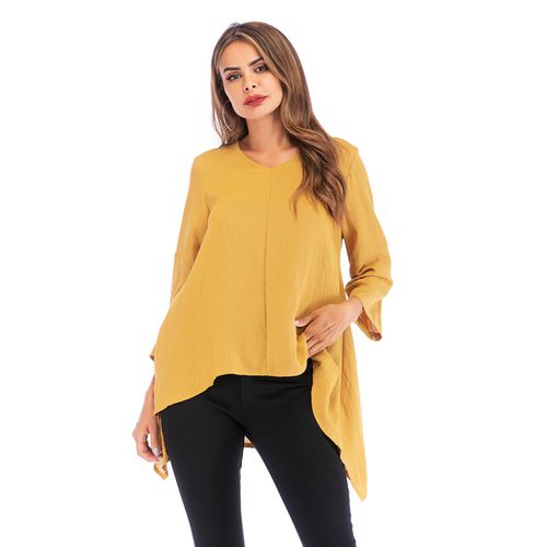 V-neck Irregular Half Sleeve Loose Casual Solid Color Top Women T Shirts