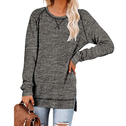 Womens Solid Color Round Neck Pullover Long Sleeved Top