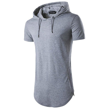 Men's Double Zipper Street Style Hip-Hop Long Hooded Short Sleeves T-shirt