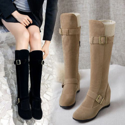 Women Buckle Wedge Heels Knee High Boots